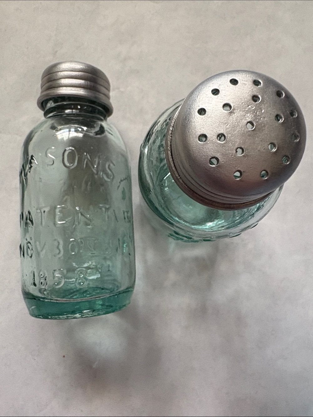 Vintage Mason's Patent Embossed 1958 Salt & Pepper Shakers - Aqua Glass set
